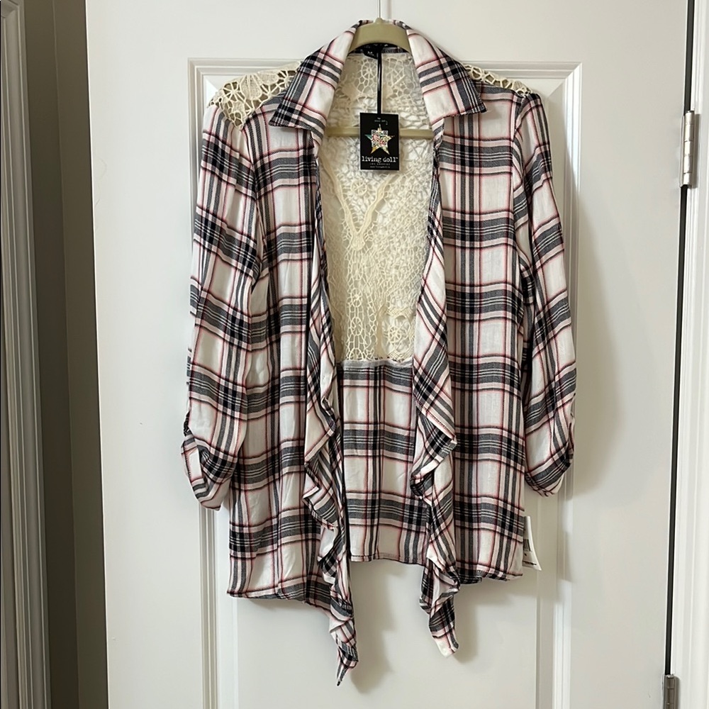 Living Doll Plaid Cardigan with Lace Accents